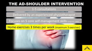 THE AD-SHOULDER INTERVENTION
1-5 consultations
Delivered by an experienced physiotherapist
Focuses on 5 core self-management skills (Lorig et al., 2003)
Home-exercises 3 times per week (maximum 3 exercises)
 