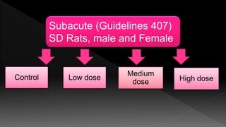 Subacute (Guidelines 407)
SD Rats, male and Female
Control Low dose
Medium
dose High dose
 