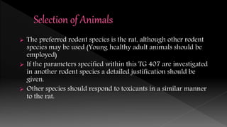  The preferred rodent species is the rat, although other rodent
species may be used (Young healthy adult animals should be
employed)
 If the parameters specified within this TG 407 are investigated
in another rodent species a detailed justification should be
given.
 Other species should respond to toxicants in a similar manner
to the rat.
 