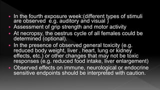  In the fourth exposure week:(different types of stimuli
are observed e.g. auditory and visual )
 Assessment of grip strength and motor activity
 At necropsy, the oestrus cycle of all females could be
determined (optional).
 In the presence of observed general toxicity (e.g.
reduced body weight, liver , heart, lung or kidney
effects, etc.) or other changes that may not be toxic
responses (e.g. reduced food intake, liver enlargement)
 Observed effects on immune, neurological or endocrine
sensitive endpoints should be interpreted with caution.
 
