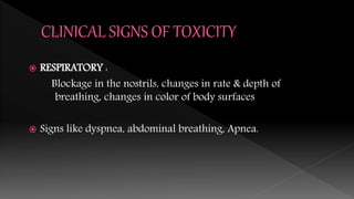  RESPIRATORY :
Blockage in the nostrils, changes in rate & depth of
breathing, changes in color of body surfaces
 Signs like dyspnea, abdominal breathing, Apnea.
 