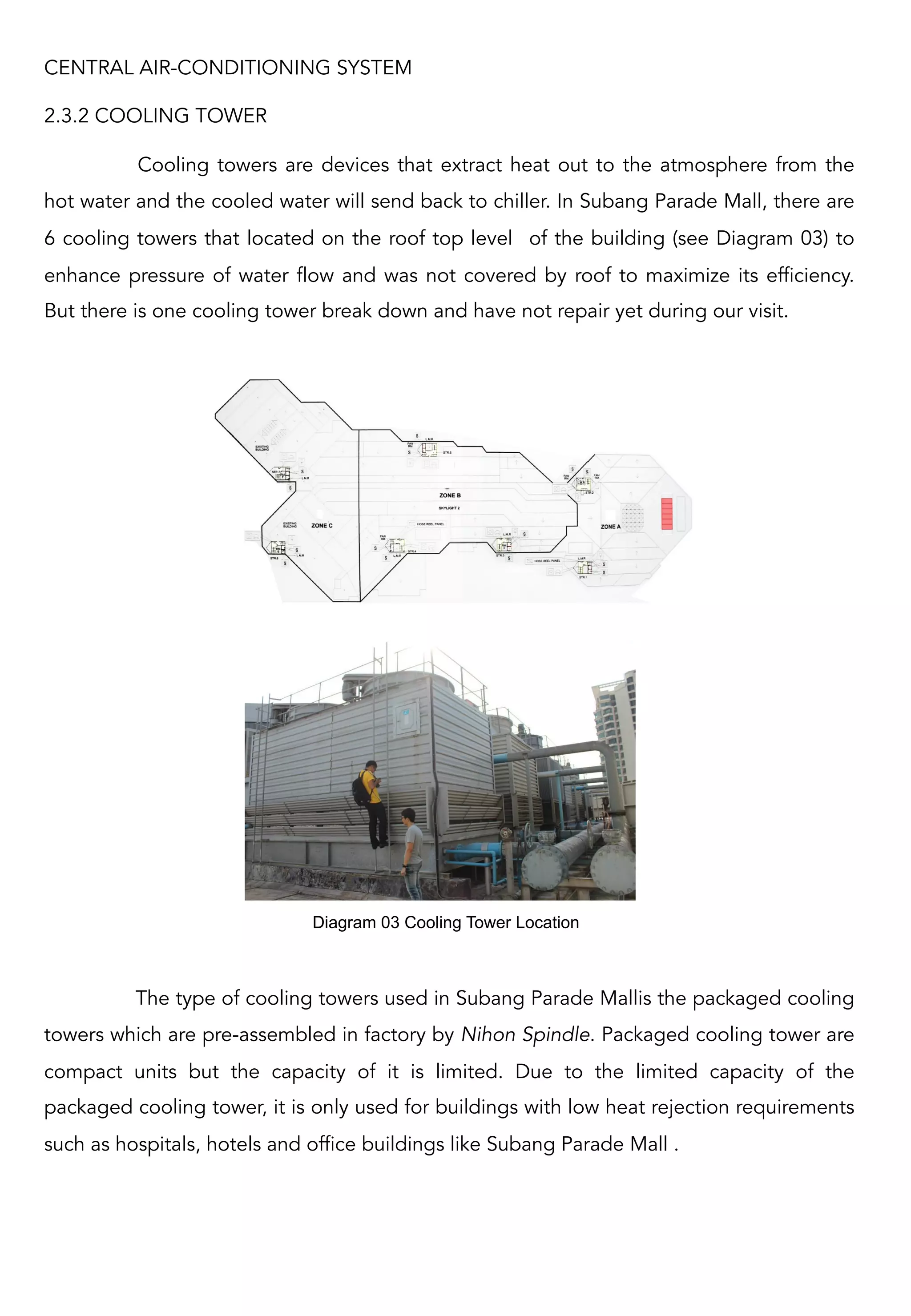 CENTRAL AIR-CONDITIONING SYSTEM
2.3.2 COOLING TOWER
Cooling towers are devices that extract heat out to the atmosphere from the
hot water and the cooled water will send back to chiller. In Subang Parade Mall, there are
6 cooling towers that located on the roof top level of the building (see Diagram 03) to
enhance pressure of water flow and was not covered by roof to maximize its efficiency.
But there is one cooling tower break down and have not repair yet during our visit.
The type of cooling towers used in Subang Parade Mallis the packaged cooling
towers which are pre-assembled in factory by Nihon Spindle. Packaged cooling tower are
compact units but the capacity of it is limited. Due to the limited capacity of the
packaged cooling tower, it is only used for buildings with low heat rejection requirements
such as hospitals, hotels and office buildings like Subang Parade Mall .
Diagram 03 Cooling Tower Location 	
  
 