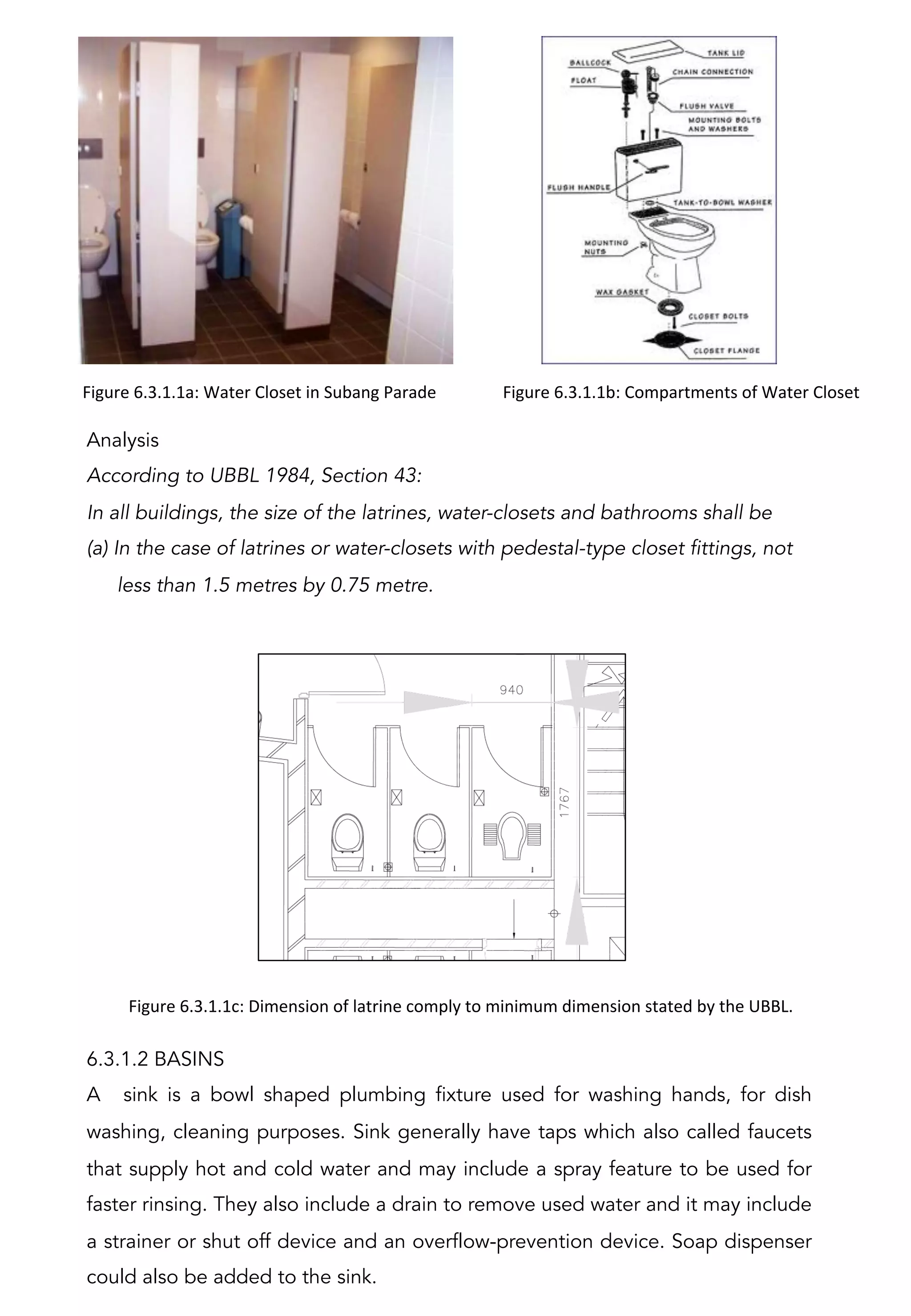 Figure	
  6.3.1.1a:	
  Water	
  Closet	
  in	
  Subang	
  Parade	
  
Analysis
According to UBBL 1984, Section 43:
In all buildings, the size of the latrines, water-closets and bathrooms shall be
(a) In the case of latrines or water-closets with pedestal-type closet fittings, not
less than 1.5 metres by 0.75 metre.
6.3.1.2 BASINS
A sink is a bowl shaped plumbing fixture used for washing hands, for dish
washing, cleaning purposes. Sink generally have taps which also called faucets
that supply hot and cold water and may include a spray feature to be used for
faster rinsing. They also include a drain to remove used water and it may include
a strainer or shut off device and an overflow-prevention device. Soap dispenser
could also be added to the sink.
Figure	
  6.3.1.1b:	
  Compartments	
  of	
  Water	
  Closet	
  
Figure	
  6.3.1.1c:	
  Dimension	
  of	
  latrine	
  comply	
  to	
  minimum	
  dimension	
  stated	
  by	
  the	
  UBBL.	
  
	
  
 