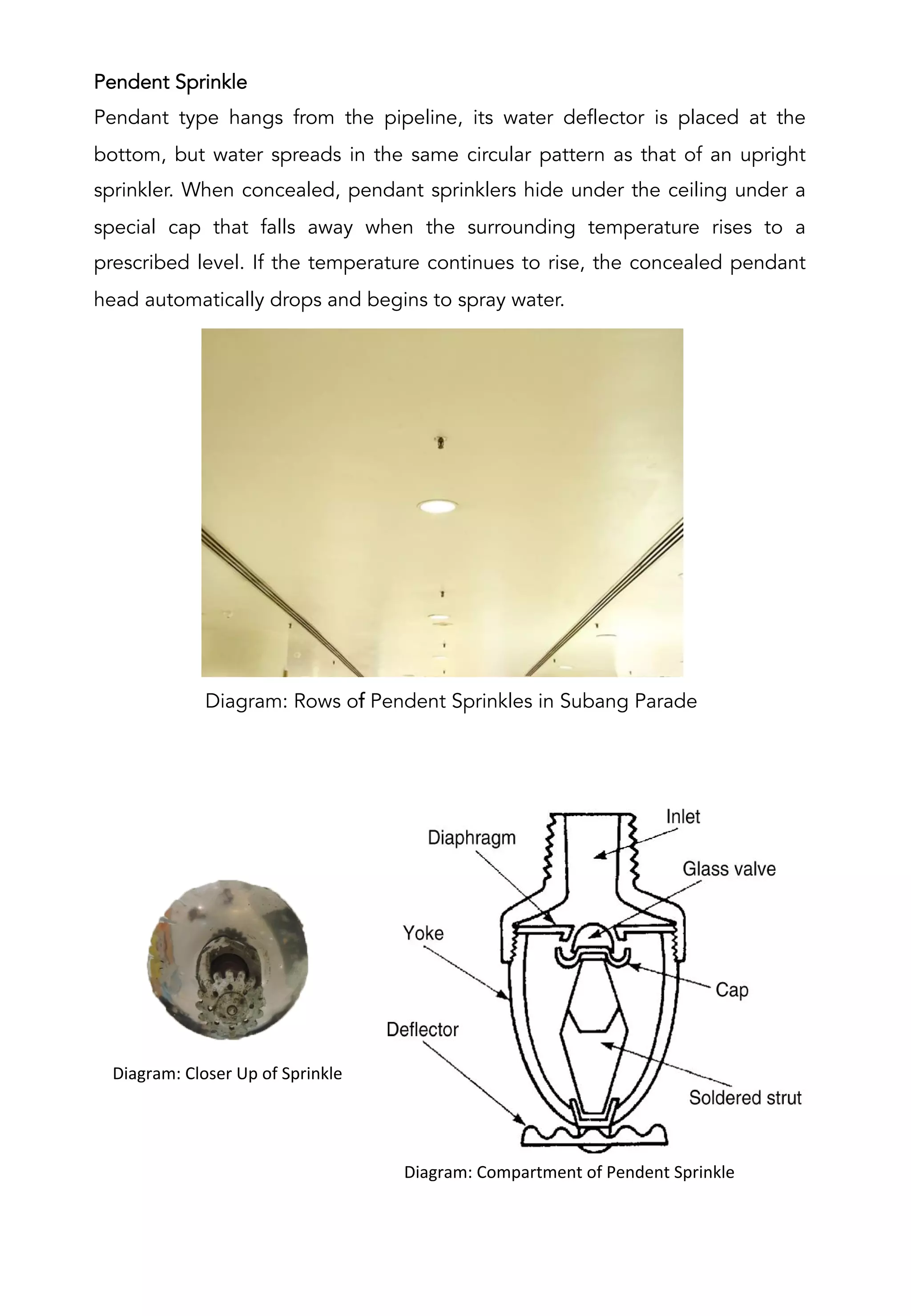 Pendent Sprinkle
Pendant type hangs from the pipeline, its water deflector is placed at the
bottom, but water spreads in the same circular pattern as that of an upright
sprinkler. When concealed, pendant sprinklers hide under the ceiling under a
special cap that falls away when the surrounding temperature rises to a
prescribed level. If the temperature continues to rise, the concealed pendant
head automatically drops and begins to spray water.
Diagram: Rows of Pendent Sprinkles in Subang Parade
	
  	
  	
  	
  	
  	
  	
  	
  	
  	
  Diagram:	
  Compartment	
  of	
  Pendent	
  Sprinkle	
  
	
  
	
  	
  	
  	
  	
  	
  	
  	
  	
  	
  Diagram:	
  Closer	
  Up	
  of	
  Sprinkle	
  
	
  
 