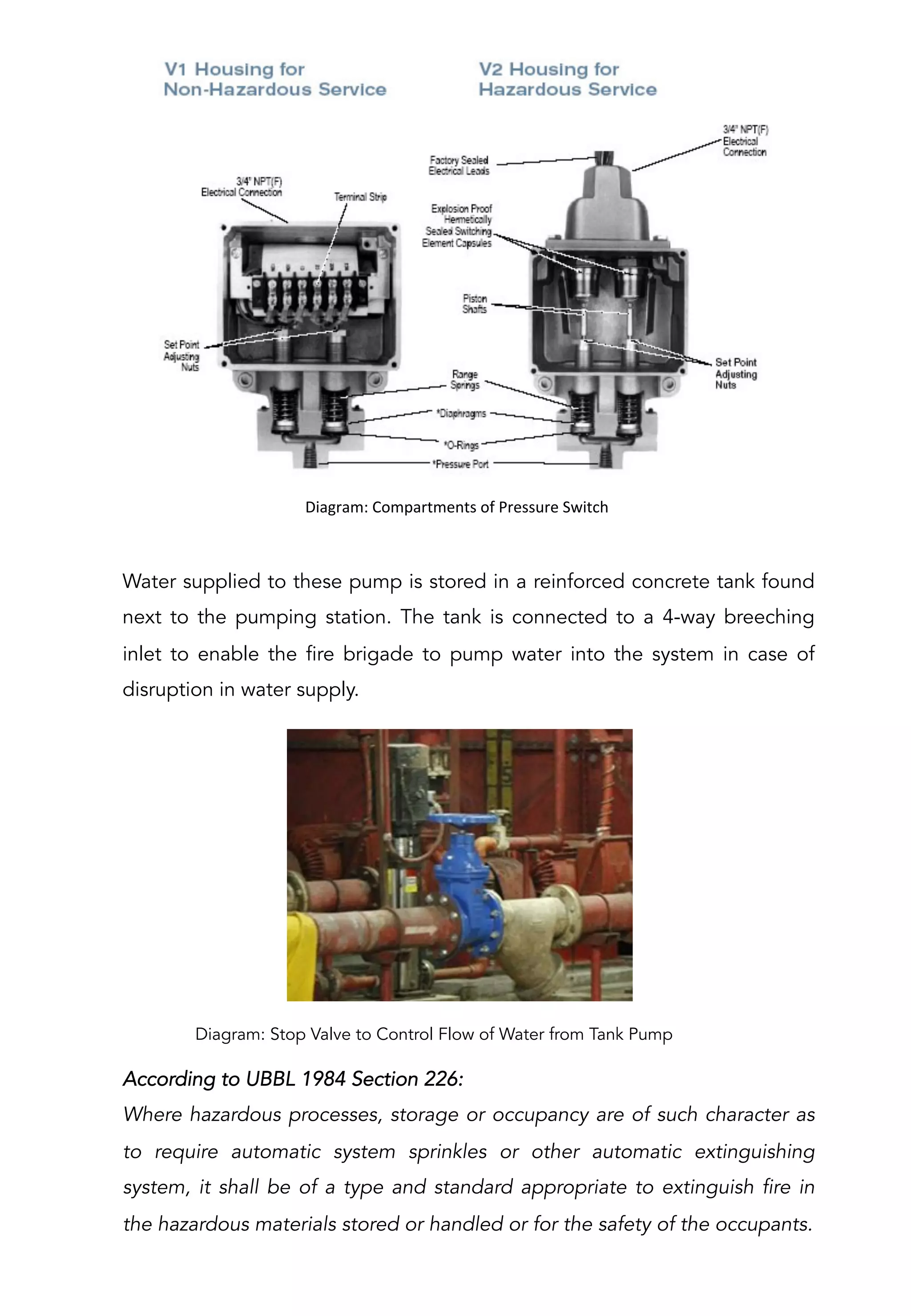 According to UBBL 1984 Section 226:
Where hazardous processes, storage or occupancy are of such character as
to require automatic system sprinkles or other automatic extinguishing
system, it shall be of a type and standard appropriate to extinguish fire in
the hazardous materials stored or handled or for the safety of the occupants.
Water supplied to these pump is stored in a reinforced concrete tank found
next to the pumping station. The tank is connected to a 4-way breeching
inlet to enable the fire brigade to pump water into the system in case of
disruption in water supply.
Diagram: Stop Valve to Control Flow of Water from Tank Pump
Diagram:	
  Compartments	
  of	
  Pressure	
  Switch	
  
 