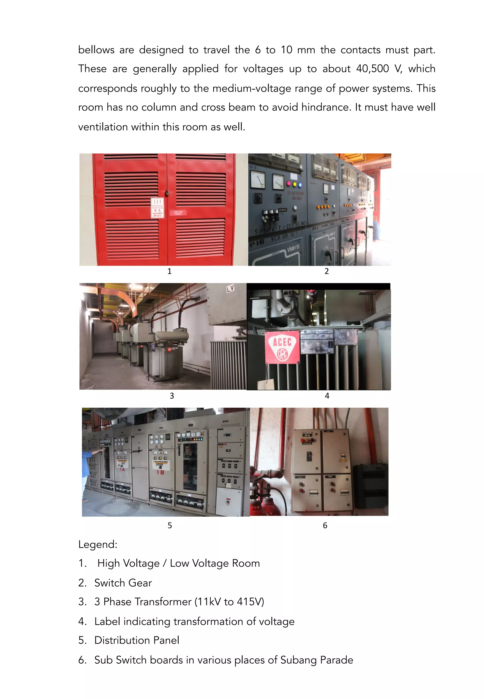 bellows are designed to travel the 6 to 10 mm the contacts must part.
These are generally applied for voltages up to about 40,500 V, which
corresponds roughly to the medium-voltage range of power systems. This
room has no column and cross beam to avoid hindrance. It must have well
ventilation within this room as well.
Legend:
1.  High Voltage / Low Voltage Room
2.  Switch Gear
3.  3 Phase Transformer (11kV to 415V)
4.  Label indicating transformation of voltage
5.  Distribution Panel
6.  Sub Switch boards in various places of Subang Parade
 