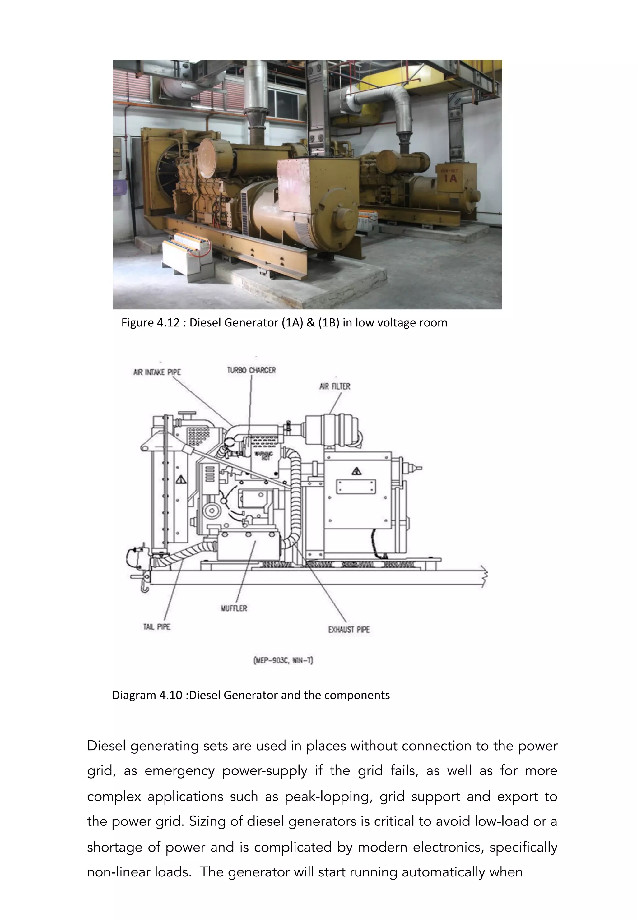 Figure	
  4.12	
  :	
  Diesel	
  Generator	
  (1A)	
  &	
  (1B)	
  in	
  low	
  voltage	
  room	
  
Diagram	
  4.10	
  :Diesel	
  Generator	
  and	
  the	
  components	
  
Diesel generating sets are used in places without connection to the power
grid, as emergency power-supply if the grid fails, as well as for more
complex applications such as peak-lopping, grid support and export to
the power grid. Sizing of diesel generators is critical to avoid low-load or a
shortage of power and is complicated by modern electronics, specifically
non-linear loads. The generator will start running automatically when
 