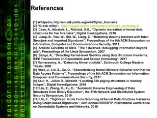 References

[1] Wikipedia, http://en.wikipedia.org/wiki/Cyber_forensics
[2] ”Crash utility”, http://people.redhat.com/anderson/crash_whitepaper/
[3] Case, A., Marziale, L., Richard, G.G., “Dynamic recreation of kernel data
structures for live forensics”, Digital Investigations, 2010
[4] Liang, B., You, W., Shi, W., Liang, Z., “Detecting stealthy malware with Inter-
Structure and imported Signatures”, Proceedings of the 6th ACM Symposium on
Information, Computer and Communications Security, 2011
[5] Arnaldo Carvalho de Melo, "The 7 dwarves: debugging information beyond
gdb", Proceedings of the Linux Symposium, 2007
[6] Baliga, A., “Detecting Kernel-level Rootkits using Data Structure Invariants,
IEEE Transactions on Dependable and Secure Computing”, 2011
[7] Ramaswamy, A., “Detecting Kernel rootkits”, Dartmouth College Masters
Thesis, 2008
[8] Rhee, J., Lin, Z., Xu, D., “Characterizing Kernel Malware Behavior with Kernel
Data Access Patterns”, Proceedings of the 6th ACM Symposium on Information,
Computer and Communications Security, 2011
[9] Saur, K., Julian B. Grizzard, “Locating 386 paging structures in memory
images”, Digital Investigations, 2010
[10] Lin, Z., Zhang, X., Xu, D., “Automatic Reverse Engineering of Data
Structures from Binary Execution”, the 17th Network and Distributed System
Security Symposium, 2010
[11] Lin, Z., “SigGraph: Brute Force Scanning of Kernel Data Structure Instances
Using Graph-based Signatures”, 40th Annual IEEE/IFIP International Conference
on Dependable Systems and Networks, 2010
 