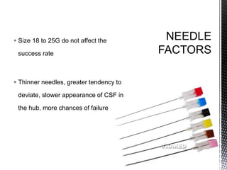 Size 18 to 25G do not affect the
success rate
 Thinner needles, greater tendency to
deviate, slower appearance of CSF in
the hub, more chances of failure
 