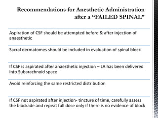 Aspiration of CSF should be attempted before & after injection of
anaesthetic
Sacral dermatomes should be included in evaluation of spinal block
If CSF is aspirated after anaesthetic injection – LA has been delivered
into Subarachnoid space
Avoid reinforcing the same restricted distribution
If CSF not aspirated after injection- tincture of time, carefully assess
the blockade and repeat full dose only if there is no evidence of block
 