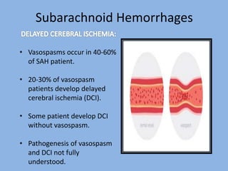 Subarachnoid Hemorrhages
• Vasospasms occur in 40-60%
of SAH patient.
• 20-30% of vasospasm
patients develop delayed
cerebral ischemia (DCI).
• Some patient develop DCI
without vasospasm.
• Pathogenesis of vasospasm
and DCI not fully
understood.
 