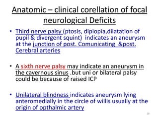 Anatomic – clinical corellation of focal
neurological Deficits
• Third nerve palsy (ptosis, diplopia,dilatation of
pupil & divergent squint) indicates an aneurysm
at the junction of post. Comunicating &post.
Cerebral arteries

• A sixth nerve palsy may indicate an aneurysm in
the cavernous sinus .but uni or bilateral palsy
could be because of raised ICP
• Unilateral blindness indicates aneurysm lying
anteromedially in the circle of willis usually at the
origin of opthalmic artery
28

 