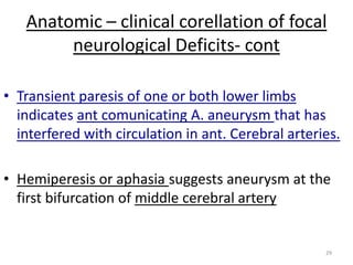 Anatomic – clinical corellation of focal
neurological Deficits- cont
• Transient paresis of one or both lower limbs
indicates ant comunicating A. aneurysm that has
interfered with circulation in ant. Cerebral arteries.
• Hemiperesis or aphasia suggests aneurysm at the
first bifurcation of middle cerebral artery

29

 