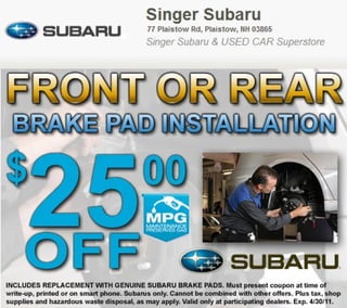 Subaru Brake Pad Service Special Manchester NH | Singer Subaru