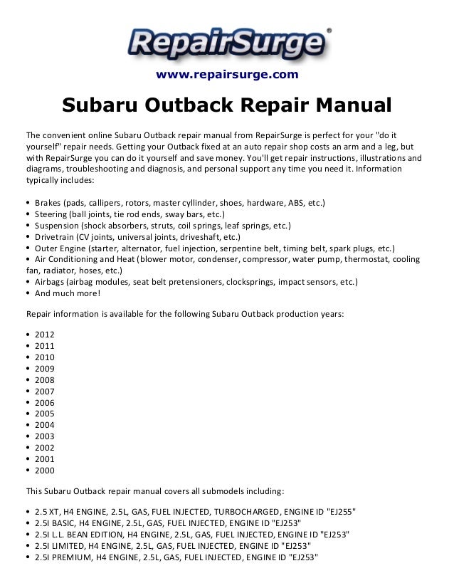 Subaru outback repair manual 2000 2012