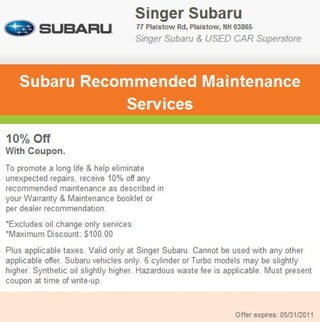 Subaru Recommended Maintenance Service Manchester NH | Singer Subaru