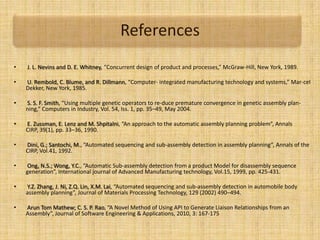 References
• J. L. Nevins and D. E. Whitney, “Concurrent design of product and processes,” McGraw-Hill, New York, 1989.
• U. Rembold, C. Blume, and R. Dillmann, “Computer- integrated manufacturing technology and systems,” Mar-cel
Dekker, New York, 1985.
• S. S. F. Smith, “Using multiple genetic operators to re-duce premature convergence in genetic assembly plan-
ning,” Computers in Industry, Vol. 54, Iss. 1, pp. 35–49, May 2004.
• E. Zussman, E. Lenz and M. Shpitalni, “An approach to the automatic assembly planning problem”, Annals
CIRP, 39(1), pp. 33–36, 1990.
• Dini, G.; Santochi, M., “Automated sequencing and sub-assembly detection in assembly planning”, Annals of the
CIRP, Vol.41, 1992.
• Ong, N.S.; Wong, Y.C., “Automatic Sub-assembly detection from a product Model for disassembly sequence
generation”, International journal of Advanced Manufacturing technology, Vol.15, 1999, pp. 425-431.
• Y.Z. Zhang, J. Ni, Z.Q. Lin, X.M. Lai, “Automated sequencing and sub-assembly detection in automobile body
assembly planning”, Journal of Materials Processing Technology, 129 (2002) 490–494.
• Arun Tom Mathew; C. S. P. Rao, “A Novel Method of Using API to Generate Liaison Relationships from an
Assembly”, Journal of Software Engineering & Applications, 2010, 3: 167-175
 