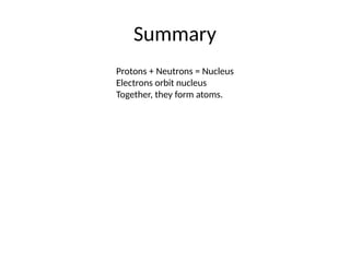 Summary
Protons + Neutrons = Nucleus
Electrons orbit nucleus
Together, they form atoms.
 