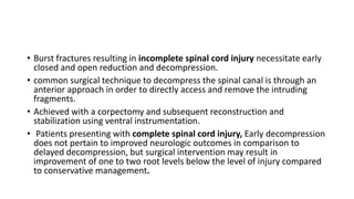 • Burst fractures resulting in incomplete spinal cord injury necessitate early
closed and open reduction and decompression.
• common surgical technique to decompress the spinal canal is through an
anterior approach in order to directly access and remove the intruding
fragments.
• Achieved with a corpectomy and subsequent reconstruction and
stabilization using ventral instrumentation.
• Patients presenting with complete spinal cord injury, Early decompression
does not pertain to improved neurologic outcomes in comparison to
delayed decompression, but surgical intervention may result in
improvement of one to two root levels below the level of injury compared
to conservative management.
 