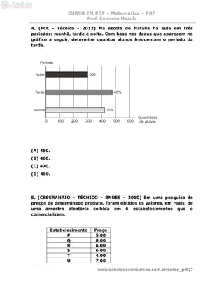 CURSO EM PDF – Matemática – PRF 
Prof. Emerson Mazulo 
www.canaldosconcursos.com.br/curso_pdf27 
4. (FCC - Técnico - 2012) Na escola de Natália há aula em três períodos: manhã, tarde e noite. Com base nos dados que aparecem no gráfico a seguir, determine quantos alunos frequentam o período da tarde. 
(A) 450. 
(B) 460. 
(C) 470. 
(D) 480. 
5. (CESGRANRIO – TÉCNICO – BNDES – 2010) Em uma pesquisa de preços de determinado produto, foram obtidos os valores, em reais, de uma amostra aleatória colhida em 6 estabelecimentos que o comercializam. 
Estabelecimento 
Preço 
P 
5,00 
Q 
8,00 
R 
6,00 
S 
6,00 
T 
4,00 
U 
7,00  