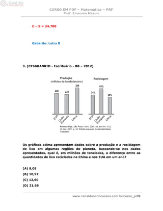 CURSO EM PDF – Matemática – PRF 
Prof. Emerson Mazulo 
www.canaldosconcursos.com.br/curso_pdf8 
C – S = 24.700 
Gabarito: Letra B 
3. (CESGRANRIO - Escrituário - BB – 2012) 
Os gráficos acima apresentam dados sobre a produção e a reciclagem de lixo em algumas regiões do planeta. Baseando-se nos dados apresentados, qual é, em milhões de toneladas, a diferença entre as quantidades de lixo recicladas na China e nos EUA em um ano? 
(A) 9,08 
(B) 10,92 
(C) 12,60 
(D) 21,68  