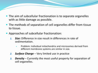  The aim of subcellular fractionation is to separate organelles
with as little damage as possible.
 The methods of separation of cell organelles differ from tissue
to tissue.
 Approaches of subcellular fractionation:
1. Size: Difference in size result in differences in rate of
sedimentation.
 Problem: Individual mitochondria and microsomes derived from
different membrane systems are similar in size.
2. Surface Charge – Very limited use in practice
3. Density – Currently the most useful property for separation of
cell organelles.
 