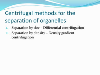 Centrifugal methods for the
separation of organelles
1. Separation by size – Differential centrifugation
2. Separation by density – Density gradient
centrifugation
 