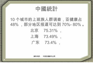 中國統計
10 个城市的上班族人群调查，亚健康占
48% ，部分地区报道可达到 70%- 80% 。
北京　 75.31% ，
上海　 73.49% ，
广东　 73.4% ，
資料來源：　中国亚健康专业网
 