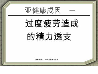 亚健康成因　一
　过度疲劳造成
的精力透支
資料來源：　中国亚健康专业网
 