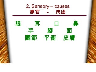 2. Sensory – causes
感官　－　成因
眼　 耳　 口　 鼻　
手 腳　 面
關節　平衡　皮膚
 