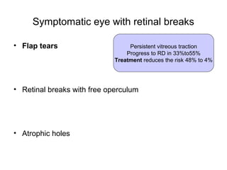 Symptomatic eye with retinal breaks
• Flap tears
• Retinal breaks with free operculum
• Atrophic holes
Persistent vitreous traction
Progress to RD in 33%to55%
Treatment reduces the risk 48% to 4%
 