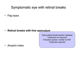 Symptomatic eye with retinal breaks
• Flap tears
• Retinal breaks with free operculum
• Atrophic holes
Operculated break-traction released
Treatment not required
If traction persist –similar to HST
Treatment required
 