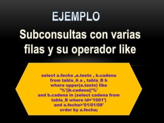 select a.fecha ,a.texto , b.cadena
     from tabla_A a , tabla_B b
     where upper(a.texto) like
          '%'||b.cadena||'%'
and b.cadena in (select cadena from
      tabla_B where id='1001')
       and a.fecha>'01/01/08'
          order by a.fecha;
 