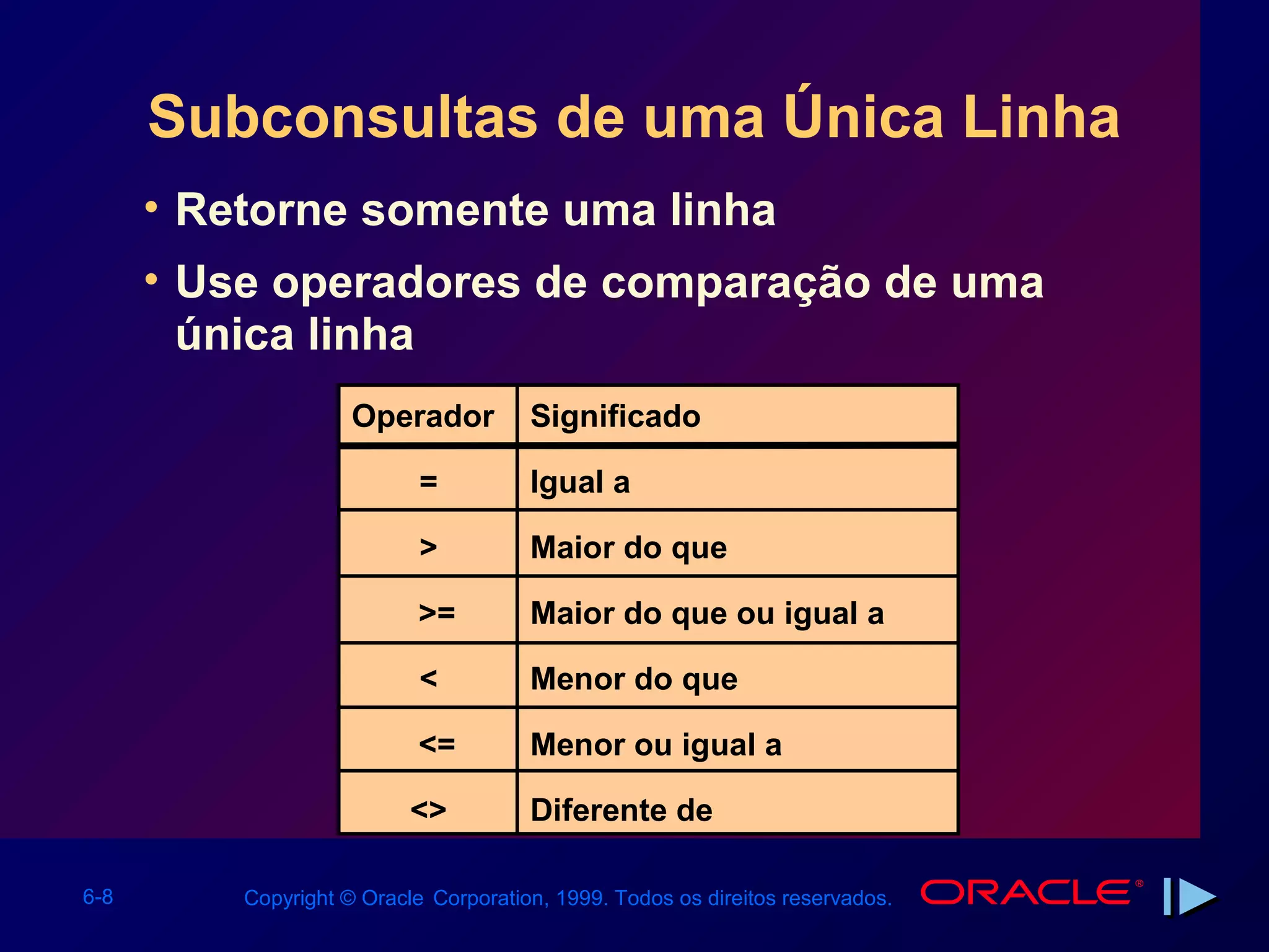 Subconsultas de uma Única Linha
      • Retorne somente uma linha
      • Use operadores de comparação de uma
        única linha
                     Operador          Significado

                            =          Igual a

                            >          Maior do que

                            >=         Maior do que ou igual a

                            <          Menor do que

                            <=         Menor ou igual a

                           <>          Diferente de

6-8       Copyright © Oracle Corporation, 1999. Todos os direitos reservados.
 