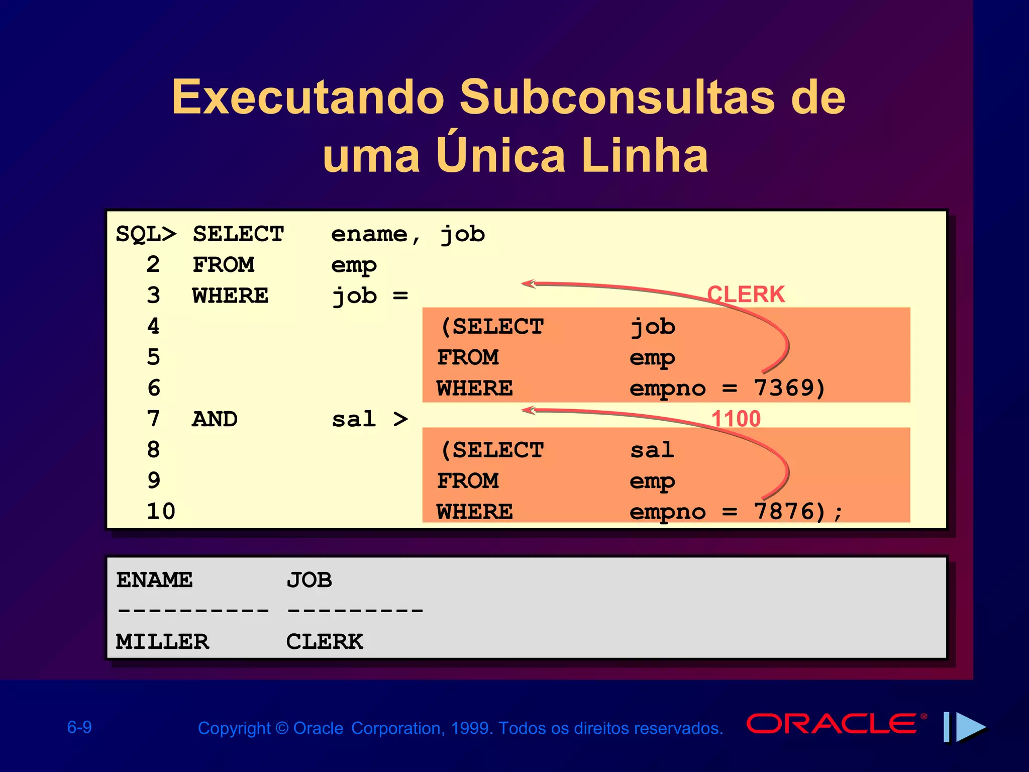 Executando Subconsultas de
              uma Única Linha
      SQL>   SELECT          ename, job
        2    FROM            emp
        3    WHERE           job =                                           CLERK
        4                           (SELECT                        job
        5                           FROM                           emp
        6                           WHERE                          empno = 7369)
        7    AND             sal >                                            1100
        8                           (SELECT                        sal
        9                           FROM                           emp
        10                          WHERE                          empno = 7876);

      ENAME
      ENAME             JOB
                        JOB
      ----------
      ----------        ---------
                        ---------
      MILLER
      MILLER            CLERK
                        CLERK

6-9          Copyright © Oracle Corporation, 1999. Todos os direitos reservados.
 