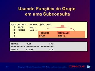 Usando Funções de Grupo
              em uma Subconsulta

       SQL> SELECT         ename, job, sal
                                                                      800
         2 FROM            emp
         3 WHERE           sal =
         4                        (SELECT                          MIN(sal)
         5                        FROM                             emp);


       ENAME
       ENAME           JOB
                       JOB             SAL
                                       SAL
       ----------
       ----------      --------- ---------
                       --------- ---------
       SMITH
       SMITH           CLERK
                       CLERK           800
                                       800




6-10        Copyright © Oracle Corporation, 1999. Todos os direitos reservados.
 