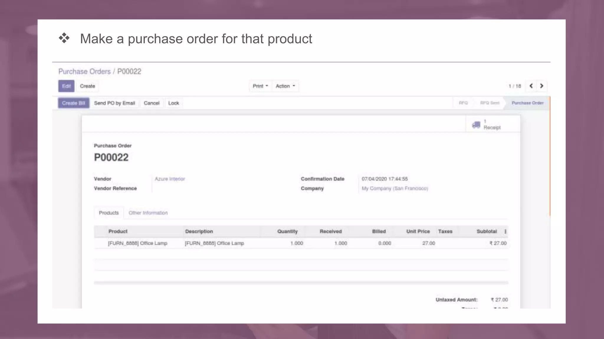  Make a purchase order for that product