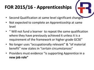 • Second Qualification at same level significant changes
• Not expected to complete an Apprenticeship at same
level
• “ Will not fund a learner to repeat the same qualification
where they have previously achieved it unless it is a
requirement of the framework or higher grade GCSE”
• No longer uses “occupationally relevant” & “of material
benefit” now states in “certain circumstances”
• Providers must evidence “is supporting Apprentice in a
new job role”
FOR 2015/16 - Apprenticeships
 