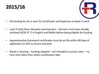 • No funding for 24 or over for Certificates and Diplomas at levels 3 and 4
• Level 3 Early Years Educator learning aims – learners must have already
achieved GCSE A*-C in English and Maths before being eligible for funding
• Apprenticeship framework certificates must be on file within 90 days of
application to ACE to ensure outcome
• Break in learning – funding stopped – not included in success rates – no
time limit other than within certification date
2015/16
 