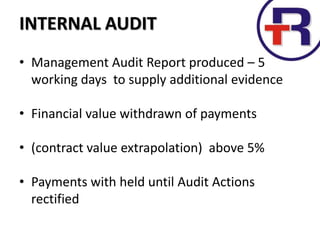 INTERNAL AUDIT
• Management Audit Report produced – 5
working days to supply additional evidence
• Financial value withdrawn of payments
• (contract value extrapolation) above 5%
• Payments with held until Audit Actions
rectified
 