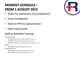 PAYMENT SCHEDULE –
FROM 1 AUGUST 2015
• Dates for submission of all paperwork
• Claim Completion
• Date for PFR to subcontractor
• Date invoice paid
Staff at Rochdale Training:
Data Administrators:
• Lee Shackleton, lShackleton@rochdaletraining.co.uk
• Letitia Benson, Lbenson@rochdaletraining.co.uk
• Claire Connaughton Cconnaughton@rochdaletraining.co.uk
Finance:
• Sarah Ogden sogden@rochdaletraining.co.uk
Quality Department
• Rhuana Begum rbegum@rochdaletraining.co.uk
• Elaine Nelson enelson@rochdaletraining.co.uk
 