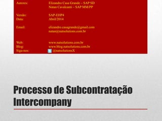 Processo de Subcontratação
Intercompany
Autores: Elizandro Casa Grande – SAP SD
Natan Cavalcanti – SAP MM/PP
Versão: SAP-EHP4
Data: Abril/2014
Email: elizandro.casagrande@gmail.com
natan@natsolutions.com.br
Web: www.natsolutions.com.br
Blog: www.blog.natsolutions.com.br
Siga-nos: @natsolutionsX
 