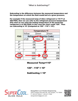 DesignStein LLC Product Engineering
2402 College Hills Blvd #4, San Angelo, TX 76904
P: 325-227-6053 F: 325-617-7908
designsteinllc@gmail.com
Subcooling is the difference between the measured temperature and
the temperature at which the fluid would boil at a given pressure.
For example if the measured temp of 22(v) refrigerant is 110 ºF at
260 PSIG, then we can refer to the refrigerant pressure-temperature
(PV) chart to see what the boiling temperature of the particular
refrigerant is at 260 PSIG; In this case the chart reads 120º. Thus
our subcooling is 10º (Computed as 120º - 110º = 10º).
Measured Temp=110º
120º - 110º = 10º
SubCooling = 10º
“What is SubCooling?”
 