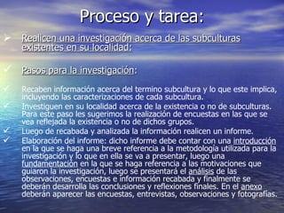 Proceso y tarea: Realicen una investigación acerca de las subculturas existentes en su localidad: Pasos para la investigación : Recaben información acerca del termino subcultura y lo que este implica, incluyendo las caracterizaciones de cada subcultura. Investiguen en su localidad acerca de la existencia o no de subculturas. Para este paso les sugerimos la realización de encuestas en las que se vea reflejada la existencia o no de dichos grupos. Luego de recabada y analizada la información realicen un informe. Elaboración del informe: dicho informe debe contar con una  introducción  en la que se haga una breve referencia a la metodología utilizada para la investigación y lo que en ella se va a presentar, luego una  fundamentación  en la que se haga referencia a las motivaciones que guiaron la investigación, luego se presentará el  análisis  de las observaciones, encuestas e información recabada y finalmente se deberán desarrolla las conclusiones y reflexiones finales. En el  anexo  deberán aparecer las encuestas, entrevistas, observaciones y fotografías. 