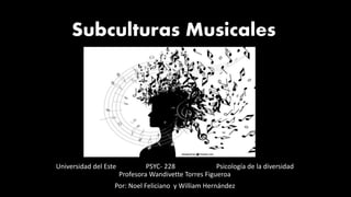 Subculturas Musicales
Universidad del Este PSYC- 228 Psicología de la diversidad
Profesora Wandivette Torres Figueroa
Por: Noel Feliciano y William Hernández
 