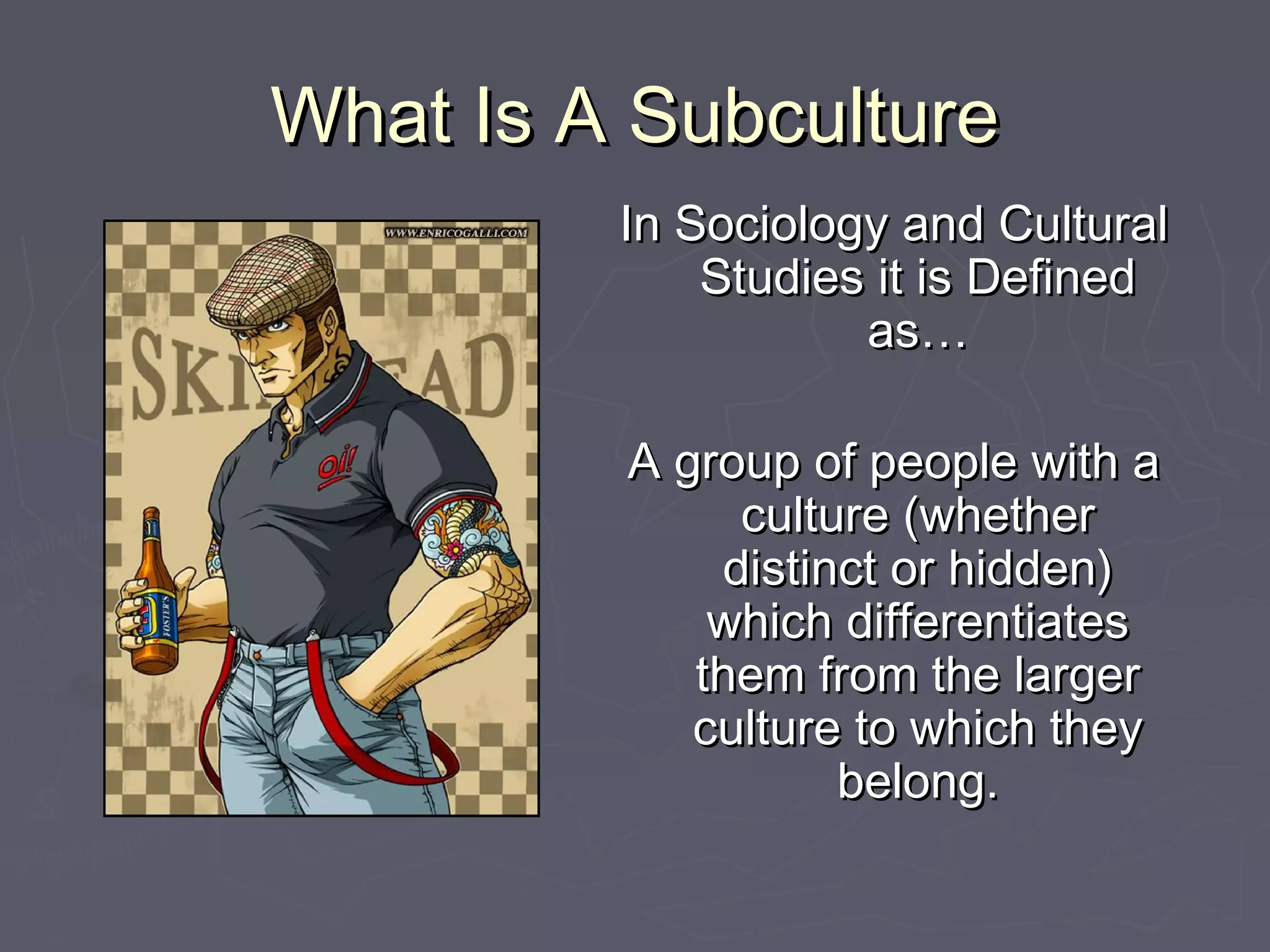 What Is A SubcultureWhat Is A Subculture
In Sociology and CulturalIn Sociology and Cultural
Studies it is DefinedStudies it is Defined
as…as…
A group of people with aA group of people with a
culture (whetherculture (whether
distinct or hidden)distinct or hidden)
which differentiateswhich differentiates
them from the largerthem from the larger
culture to which theyculture to which they
belong.belong.
 
