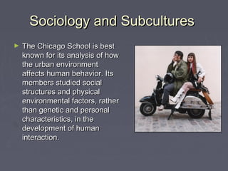 Sociology and SubculturesSociology and Subcultures
► The Chicago School is bestThe Chicago School is best
known for its analysis of howknown for its analysis of how
the urban environmentthe urban environment
affects human behavior. Itsaffects human behavior. Its
members studied socialmembers studied social
structures and physicalstructures and physical
environmental factors, ratherenvironmental factors, rather
than genetic and personalthan genetic and personal
characteristics, in thecharacteristics, in the
development of humandevelopment of human
interaction.interaction.
 
