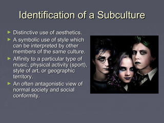 Identification of a SubcultureIdentification of a Subculture
► Distinctive use of aesthetics.Distinctive use of aesthetics.
► A symbolic use of style whichA symbolic use of style which
can be interpreted by othercan be interpreted by other
members of the same culture.members of the same culture.
► Affinity to a particular type ofAffinity to a particular type of
music, physical activity (sport),music, physical activity (sport),
style of art, or geographicstyle of art, or geographic
territory.territory.
► An often antagonistic view ofAn often antagonistic view of
normal society and socialnormal society and social
conformity.conformity.
 