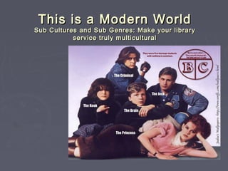 This is a Modern WorldThis is a Modern World
Sub Cultures and Sub Genres: Make your librarySub Cultures and Sub Genres: Make your library
service truly multiculturalservice truly multicultural
 