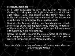 Structure/Rankings In a Lolth-dominated society,  The Matron Mother , or  Ilharess , is both queen and high priestess that dominates each noble House and carries on the family name. She holds the authority over every member of the House and must be obeyed and shown the utmost respect.  Beneath the Matron Mother are her daughters. Usually priestesses of the leading deities they worship. All females of the mother's blood, in order of their age, follow in rank, although they wield no authority. Below the daughters come the male officers of the House; the weapons master, House wizard, and the patron (current companion of the Matron Mother). Even the highest ranking males are still ranked lower than the lowest ranked female 